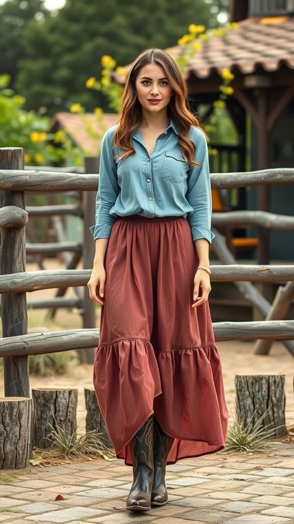 A woman wearing a light blue chambray shirt and a long, rust-colored layered skirt with cowboy boots, standing in a rustic outdoor setting.