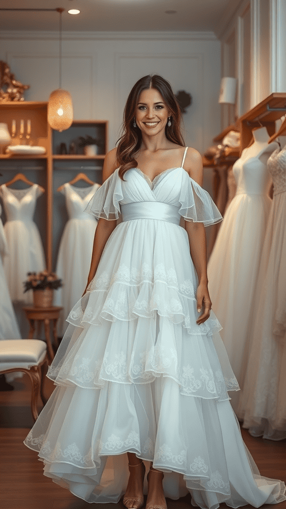 A woman wearing a tiered white church dress with a flattering neckline and flowy layers.