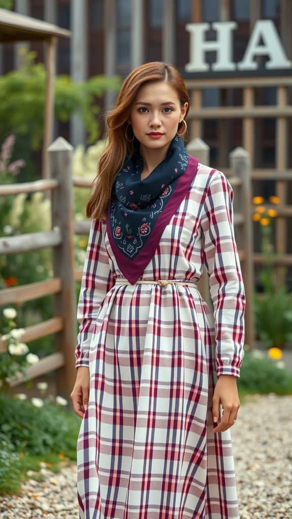 A woman wearing a checked midi dress with a matching bandana scarf in an outdoor setting.