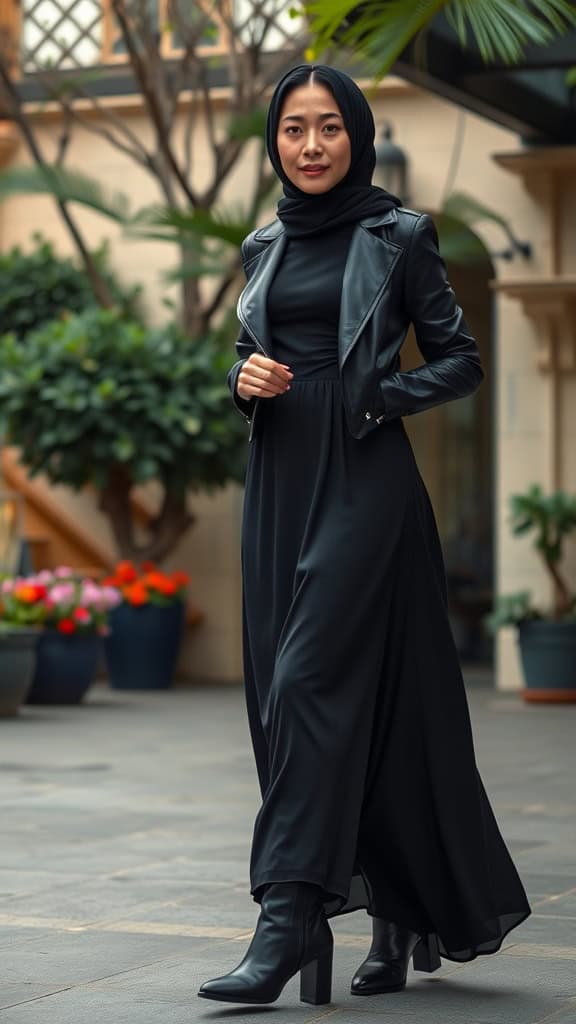 A woman wearing a flowy black maxi dress with a leather jacket and ankle boots, standing in a stylish outdoor setting.