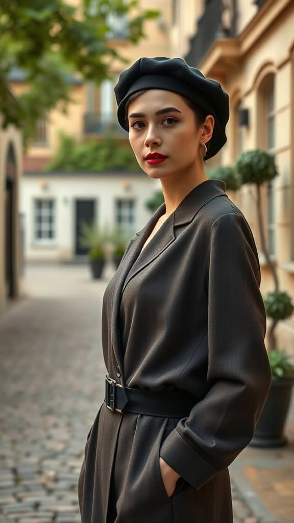 A stylish woman wearing a black beret and a tailored jumpsuit, posing in an outdoor setting with charming architecture.