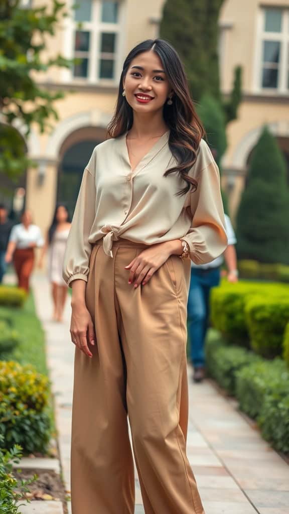 A woman wearing chic culottes and a loose blouse, standing outdoors with a smile.