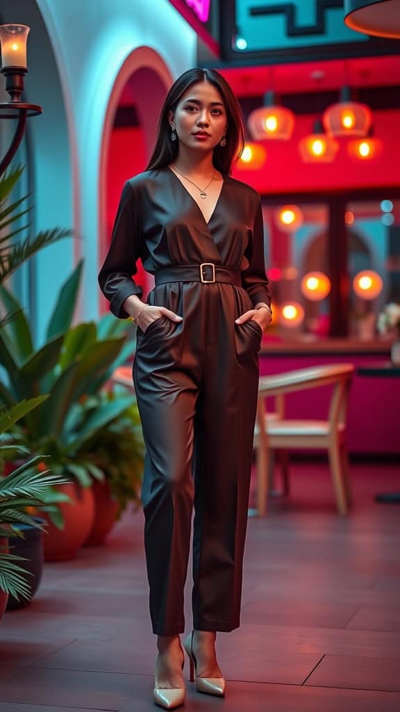 A woman in a sleek black jumpsuit with a belted waist stands confidently in a stylish setting.