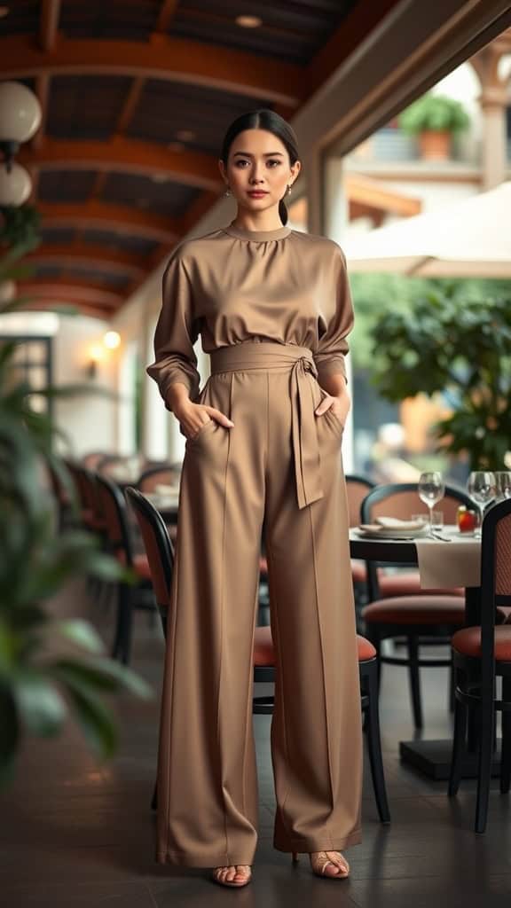 A woman wearing a high-neck jumpsuit with wide-leg pants at a restaurant setting, exemplifying chic modest dinner style.