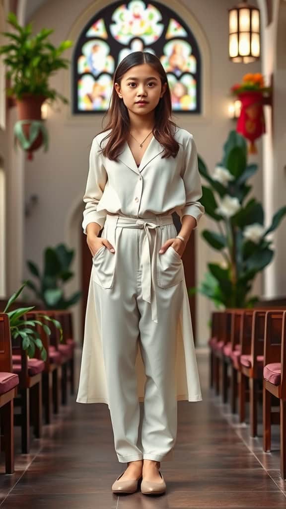 A teen girl wearing a chic jumpsuit with flats inside a church