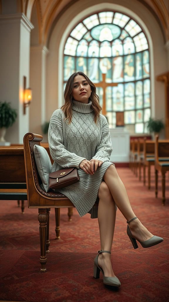 A woman in a cozy knit set sitting in a church, showcasing a sophisticated and stylish outfit.