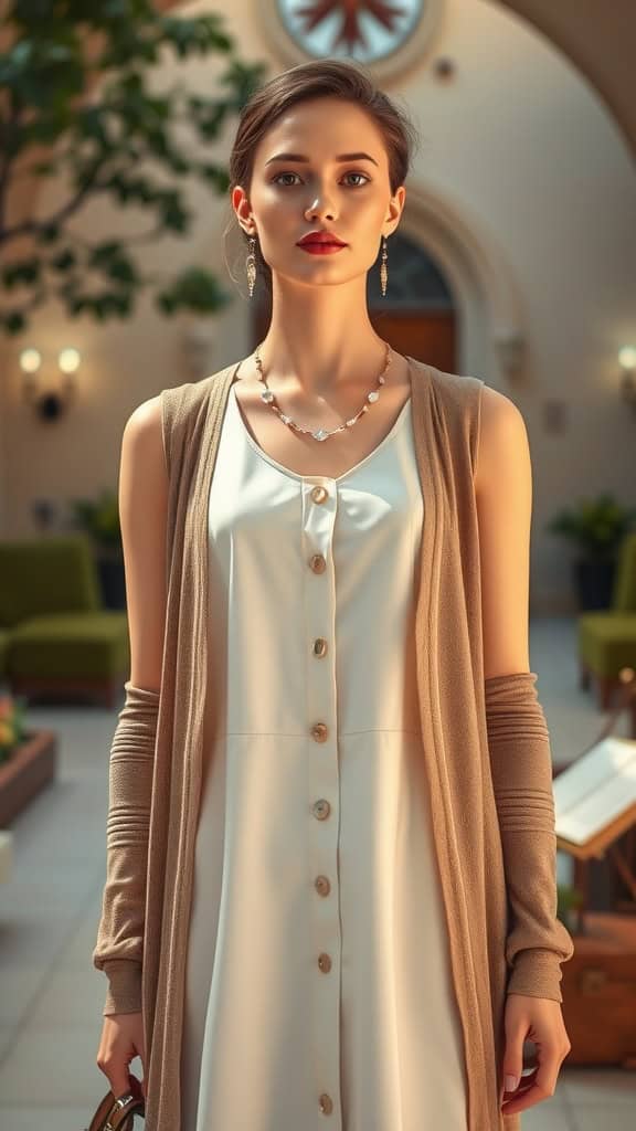 A stylish woman in a sleeveless dress with a cardigan and delicate necklace, exuding a chic look suitable for church.