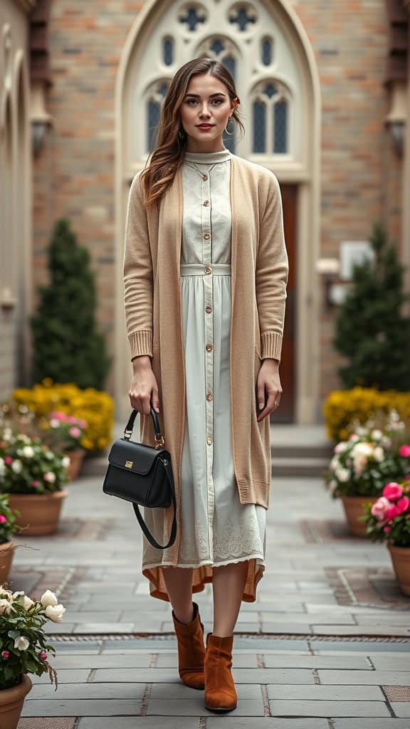 A woman wearing a long cardigan over a floral winter dress with ankle boots, standing in a church courtyard.