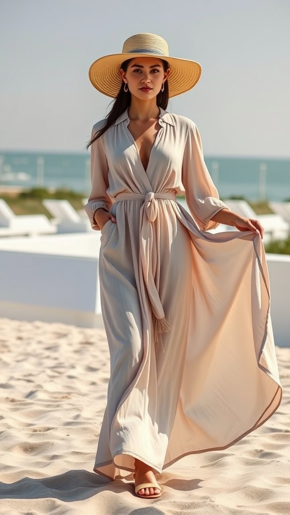 A woman wearing a flowing maxi dress and sun hat walking along the beach