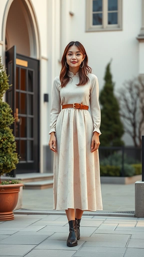 A woman wearing a belted midi dress with subtle patterns, standing outside a church.