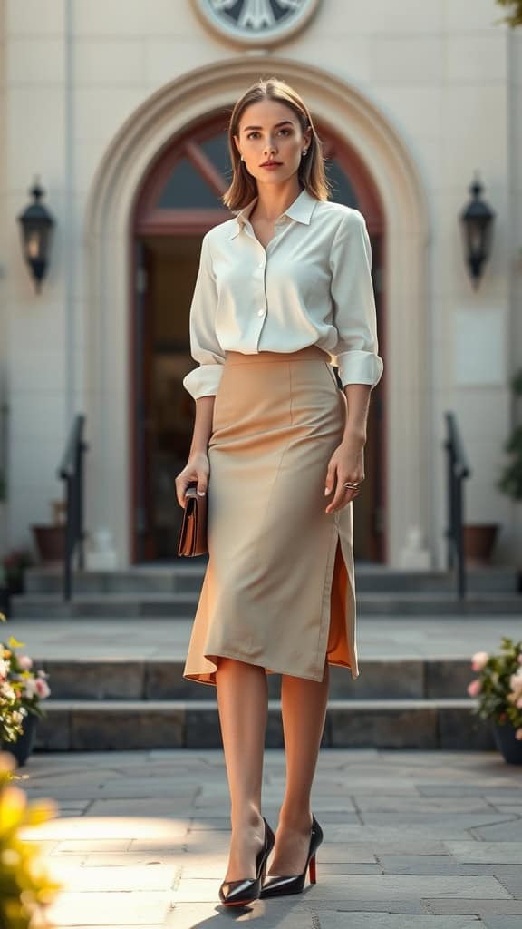 A woman in a chic midi skirt and blouse, standing outside a building, showcasing a stylish church outfit.