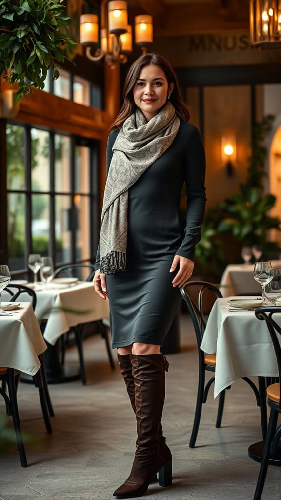 A woman wearing a long sleeve dress with a scarf and knee-high boots, standing in an elegant restaurant setting.