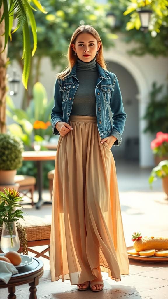 A woman wearing a turtleneck, maxi skirt, and denim jacket in a bright, relaxed setting.