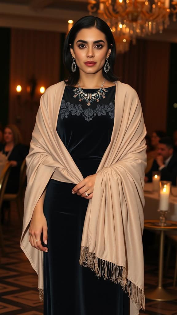 A woman in a luxurious velvet dress with a wrap shawl and statement jewelry, exuding chic modesty.