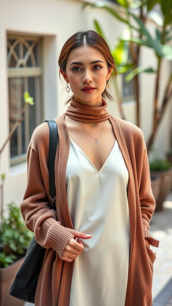 A woman in a slip dress paired with a long-sleeve turtleneck and a cozy cardigan, showcasing chic modest fashion.