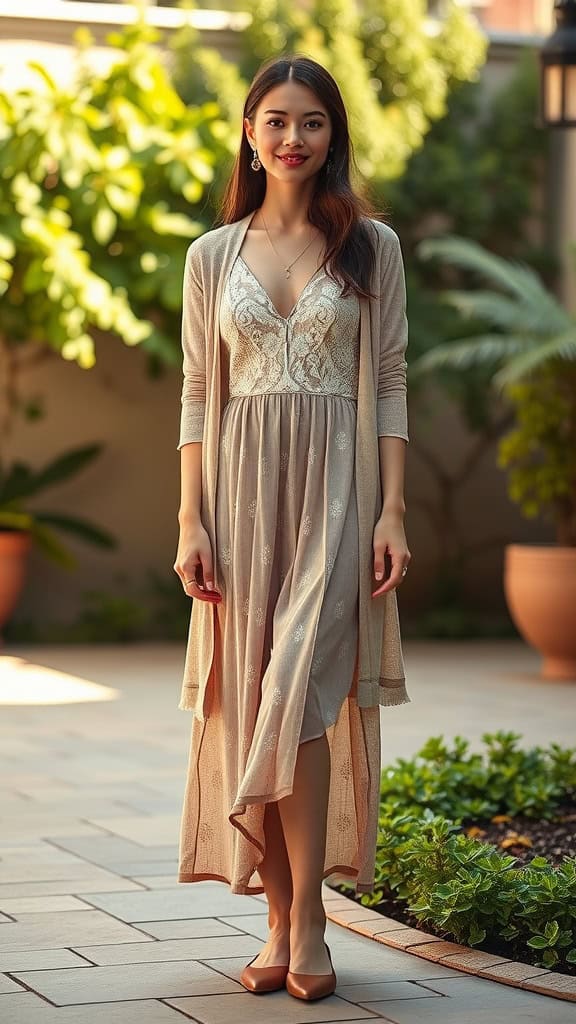 A woman wearing a flowy light-colored dress with a lightweight cardigan and flats, standing in a garden setting.