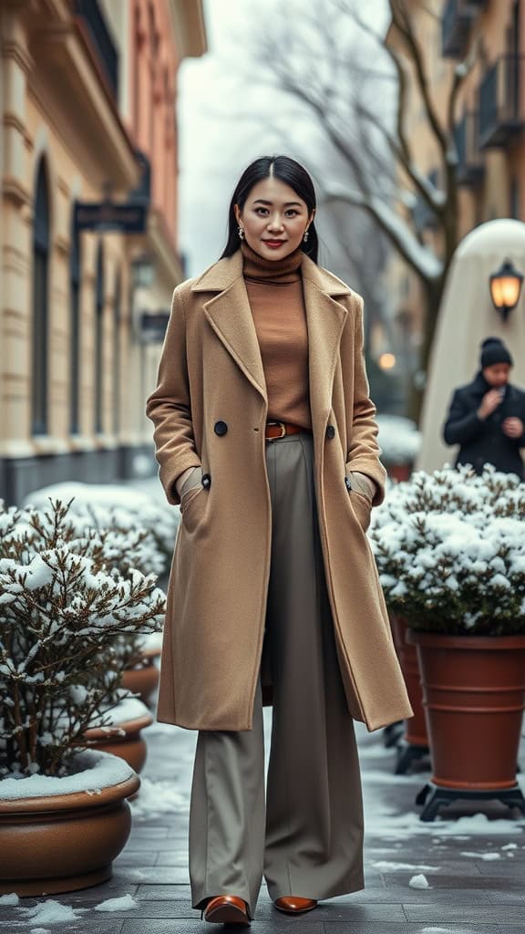 A woman in a chic winter outfit featuring a turtleneck, long coat, and wide-leg pants, standing on a snowy street.