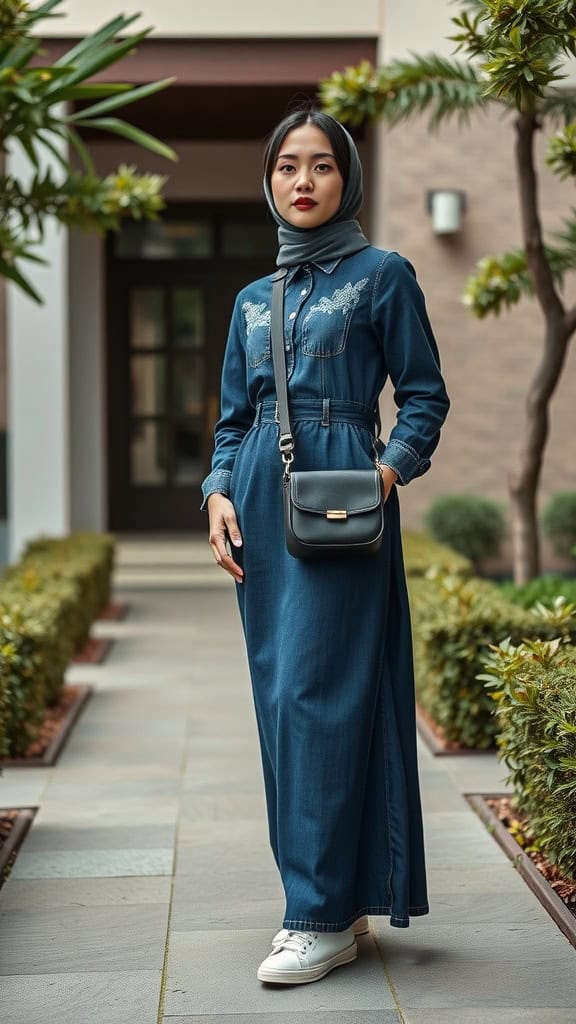 A woman wearing a maxi denim dress with sneakers and a crossbody bag, standing in a spacious outdoor area.