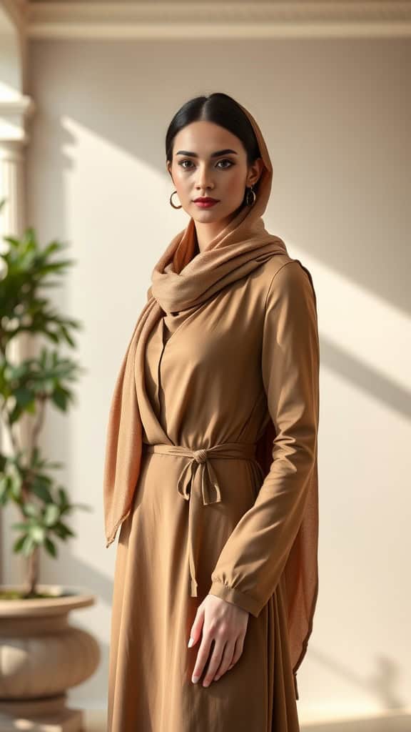 A woman in a chic layered outfit featuring a sleeveless dress, long-sleeve top, and scarf in a stylish indoor setting.