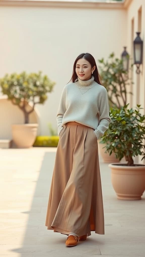 A woman wearing a beige skirt and cream sweater, walking in a well-lit outdoor space