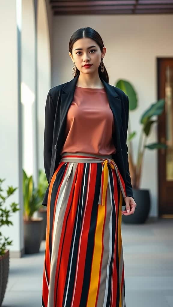 A woman in a striped maxi skirt, solid top, and blazer, showcasing chic modest fashion.