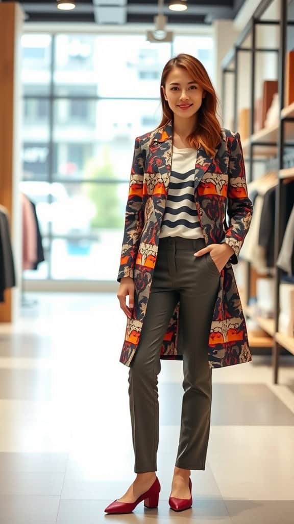 A model wearing a bold print coat with a neutral outfit, standing in a stylish indoor space with plants.