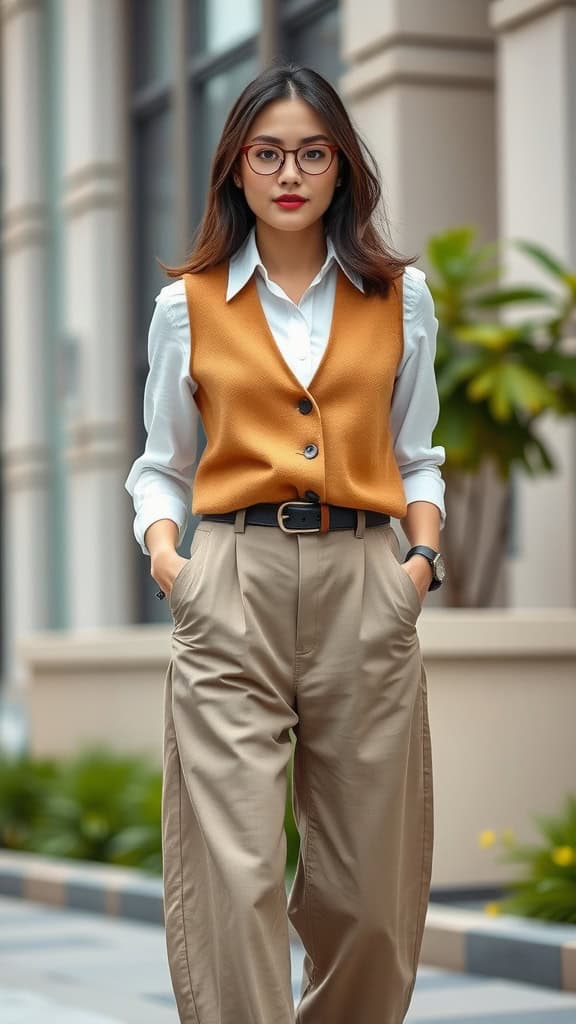 A woman showcasing a chic modest tomboy outfit featuring a button-up shirt, a vest, and straight-leg trousers.