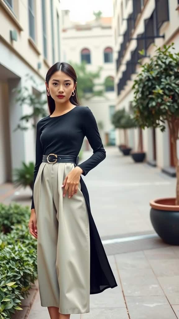 A model in a chic black top and cream wide-leg trousers, showcasing modern modest fashion in an urban setting.