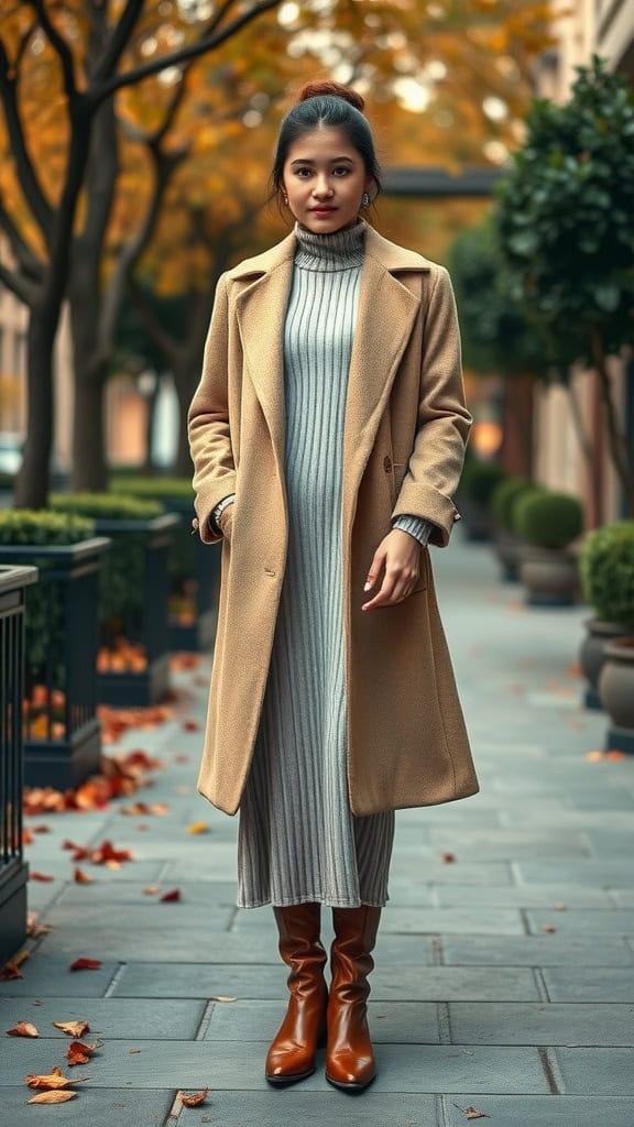 A girl in a beige overcoat layered over a gray long sweater dress, paired with brown boots, standing in a picturesque autumn setting.