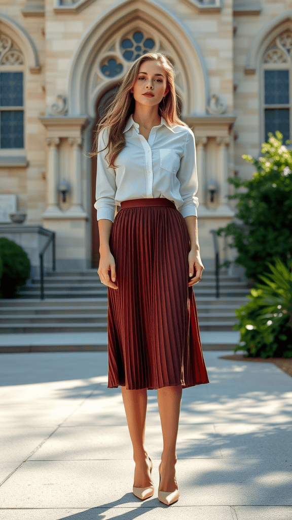 A woman wearing a pleated midi skirt with a tailored shirt and low heels, standing in a stylish outdoor setting.