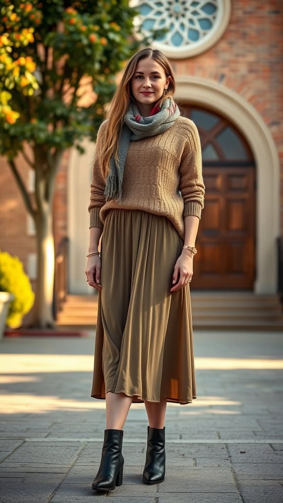 A woman standing outside a church wearing a beige sweater, a long olive skirt, and ankle boots, accessorized with a scarf.