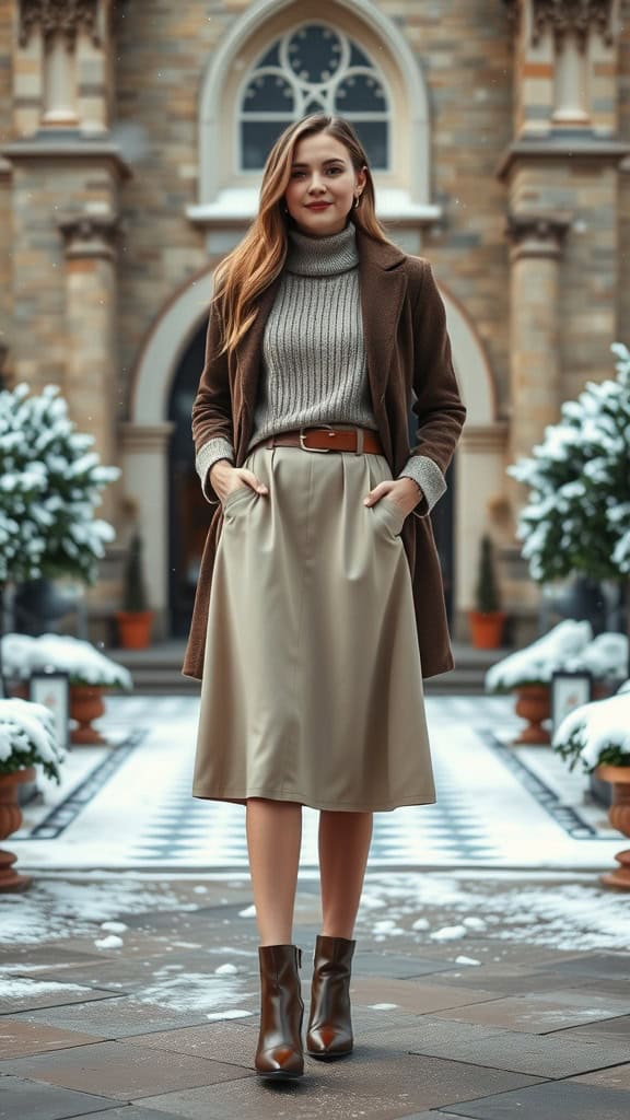 Model in a brown turtleneck and light-colored A-line skirt, standing outside a church in winter.