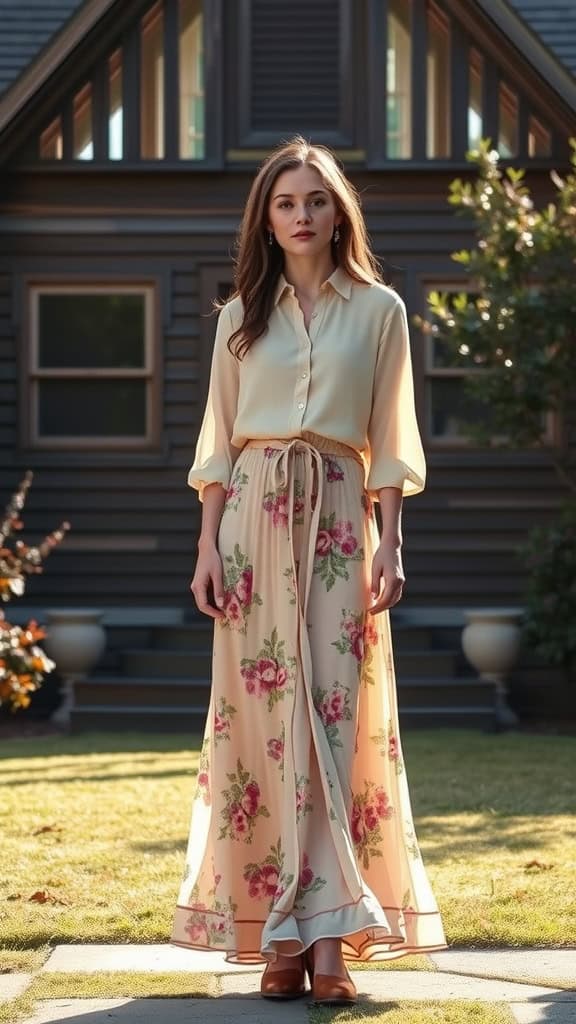 A woman wearing a delicate chiffon blouse and a floral maxi skirt, standing in a garden.