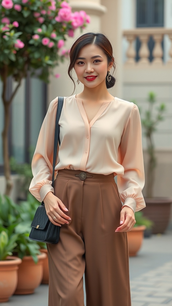 A woman wearing a soft chiffon blouse with high-waisted culottes, set against a backdrop of flowers, showcasing a stylish Korean modest outfit.