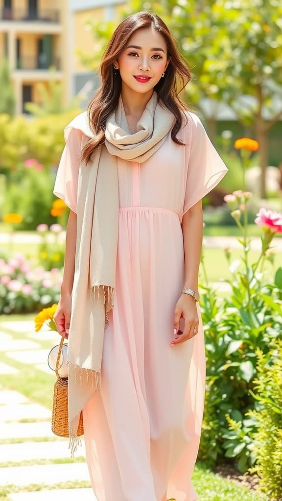 A woman in a lightweight chiffon dress with a hijab, posing in a garden setting.