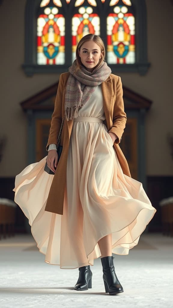 A young woman in a soft chiffon maxi dress and a tailored jacket, standing in a church with stained glass windows.