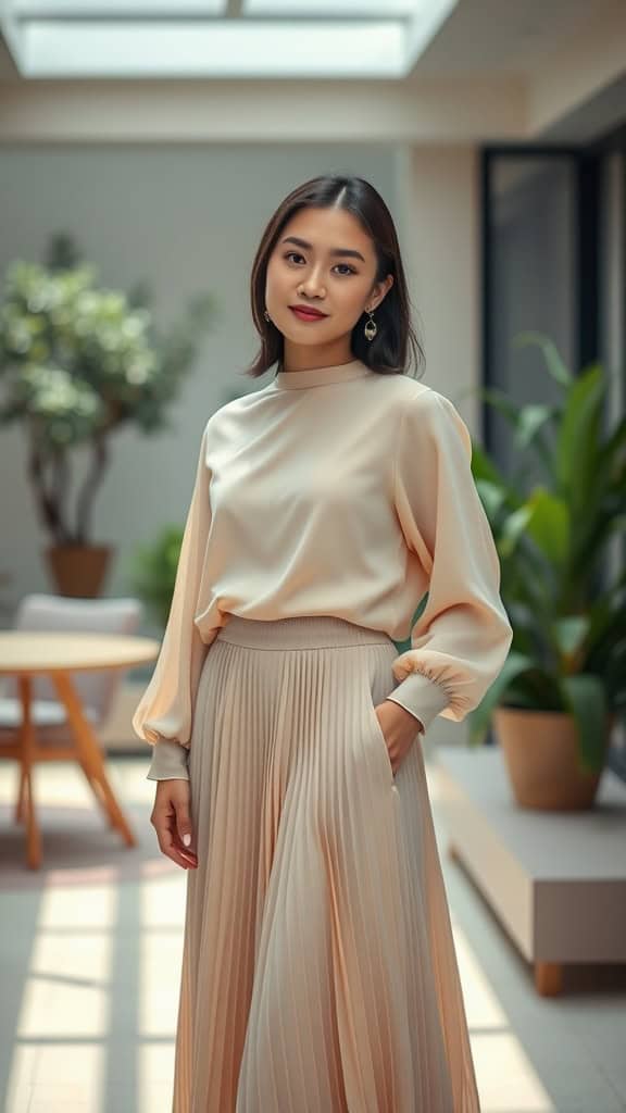 A woman in a chiffon top and pleated midi skirt, posing in a bright office space.