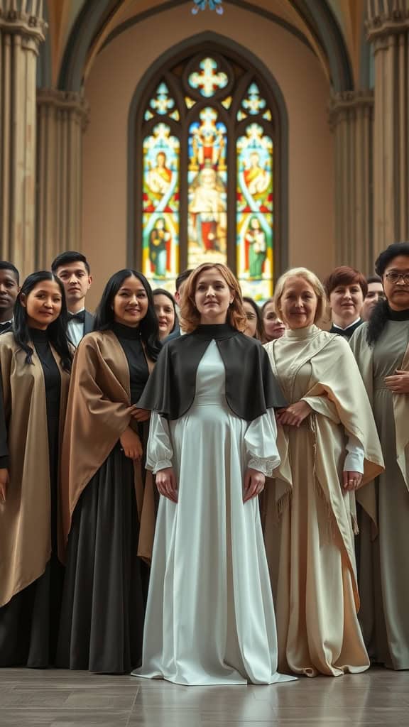 A diverse choir group wearing flowing capes and gowns in a church setting, standing together in front of a stained glass window.