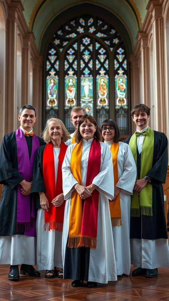 A group of choir members in white robes with colorful stoles in a church setting.