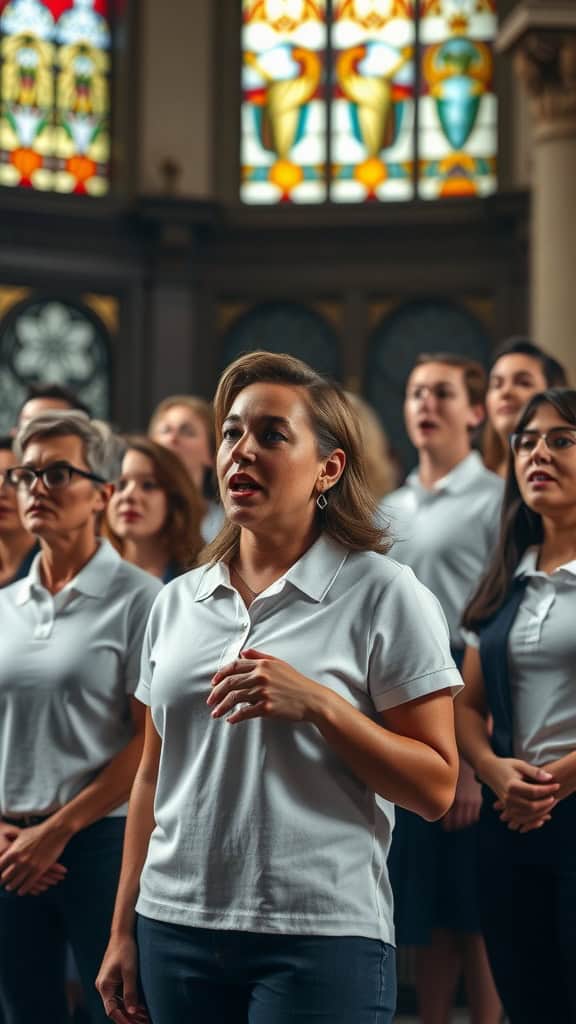 A diverse group of choir members in white polo shirts singing in a church with stained glass windows.