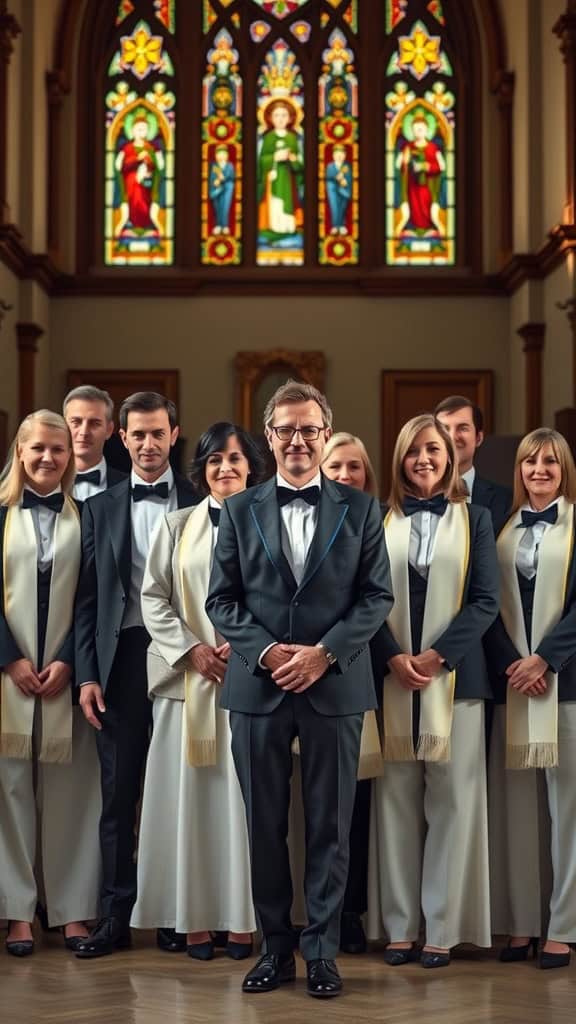 A choir wearing matching suits and bow ties in a church setting.