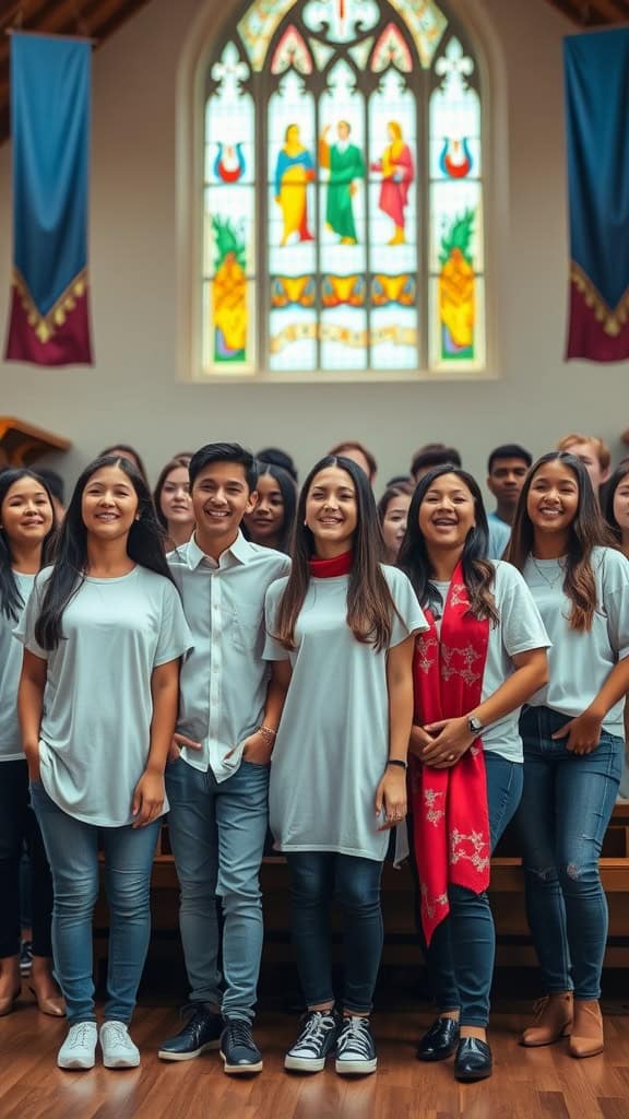 A youth choir wearing matching T-shirts and jeans, smiling in front of a colorful stained glass window.