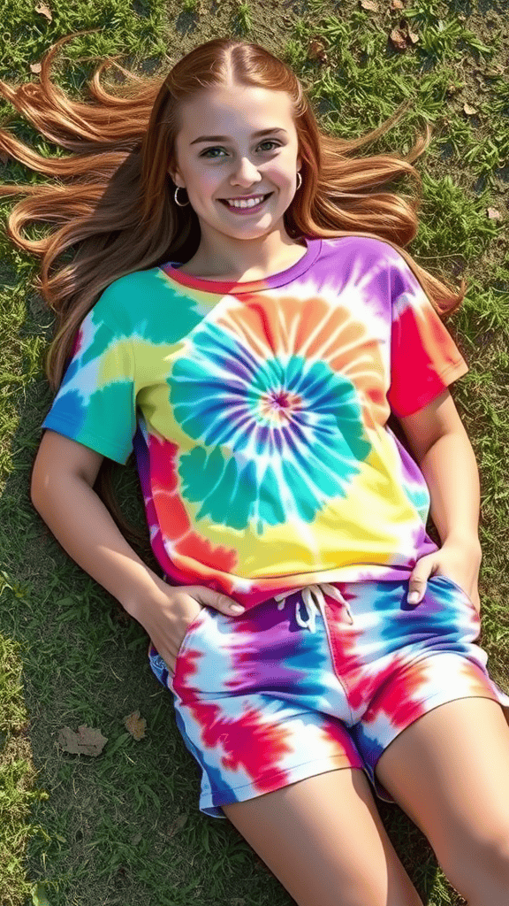 A girl wearing a colorful tie-dye shirt with a Bible verse and matching shorts, standing in a field with crosses in the background.