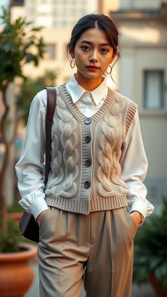 A stylish model wearing a chunky knit vest over a button-up shirt, paired with tailored trousers, set against an urban backdrop.