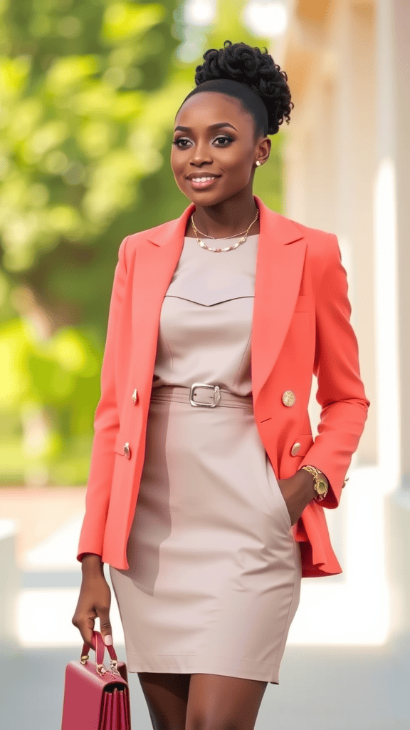 A stylish outfit featuring a neutral dress paired with a bold orange blazer on display, showcasing modern church attire.