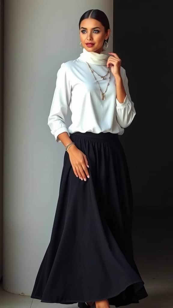 A woman in a black skirt and white blouse, wearing a black hijab, posing in a stylish, modern setting.