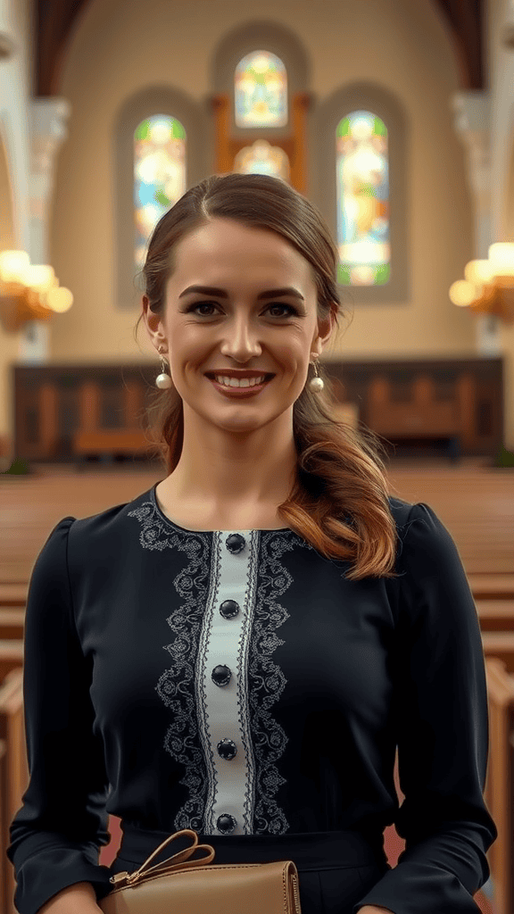 A classic black church dress hanging in a serene indoor church setting