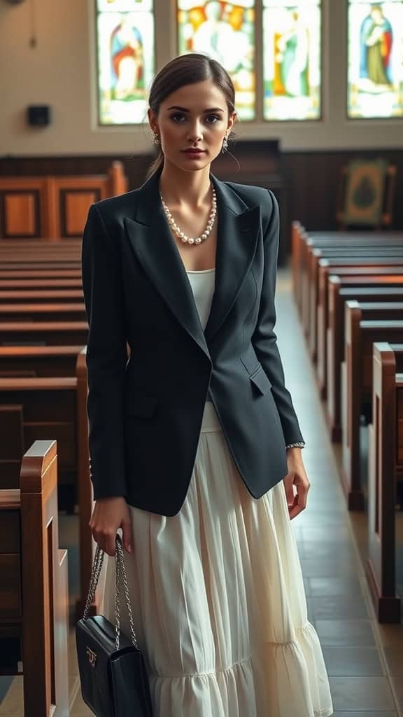 A woman wearing a black blazer and white midi skirt with pearl accessories in a church setting.