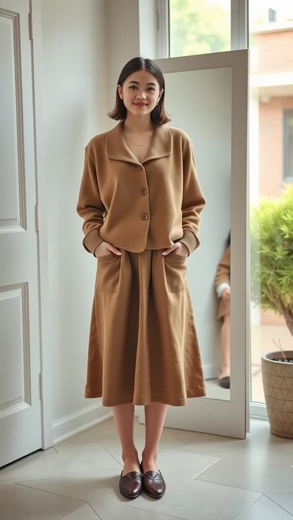 A young woman wearing a button-down cardigan paired with a midi skirt and flats, standing in a bright room.