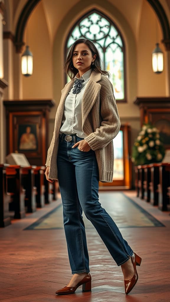 A woman in a classic church outfit featuring straight-leg jeans, a blouse, a chunky cardigan, and stylish heels.